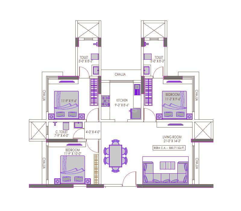 Floor plan of 3 BHK 881 Sq. Ft. Apartment in Suraj Lumina, Mumbai