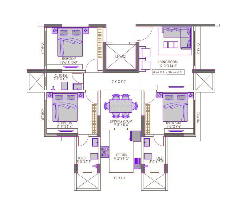 Floor plan of 3 BHK 883 Sq. Ft. Apartment in Suraj Lumina, Mumbai
