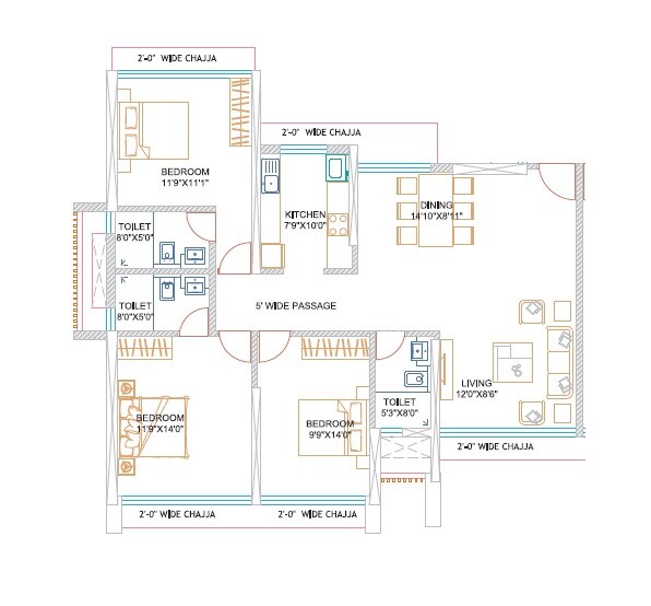 Floor plan of 3 BHK 1153 Sq. Ft. Apartment in Suraj Ocean Star 1, Mumbai