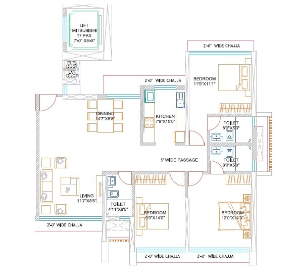 Floor plan of 3 BHK 1238 Sq. Ft. Apartment in Suraj Ocean Star 1, Mumbai