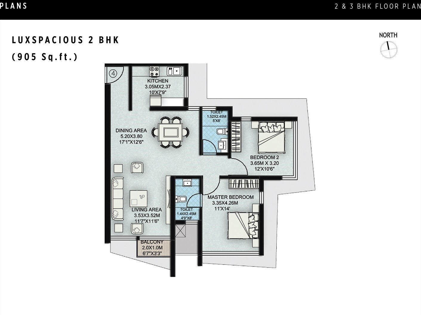 Floor plan of 2 BHK 905 Sq. Ft. Apartment in Suraj Palette, Mumbai