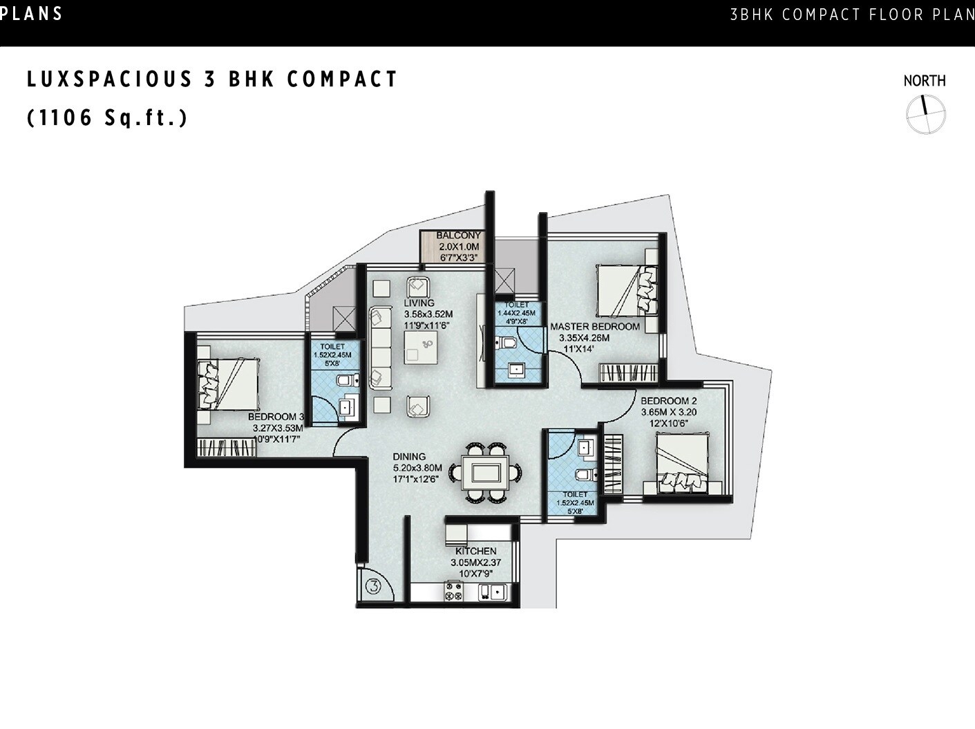 Floor plan of 3 BHK 1106 Sq. Ft. Apartment in Suraj Palette, Mumbai