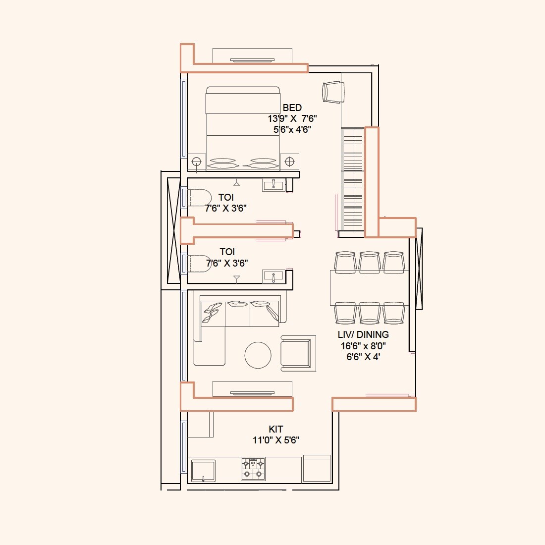 Floor plan of 1 BHK 450 Sq. Ft. Apartment in Suraj Parkview, Mumbai
