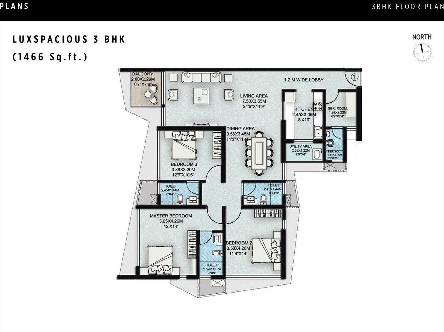 Floor plan of 3 BHK 1466 Sq. Ft. Apartment in Suraj The Plette, Mumbai