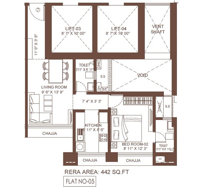 Floor plan of 1 BHK 442 Sq. Ft. Apartment in Suraj Vitalis, Mumbai
