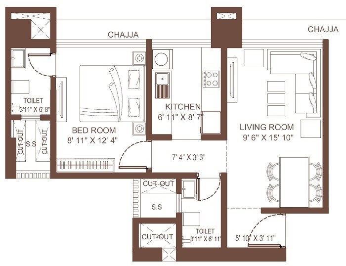 Floor plan of 1 BHK 522 Sq. Ft. Apartment in Suraj Vitalis, Mumbai