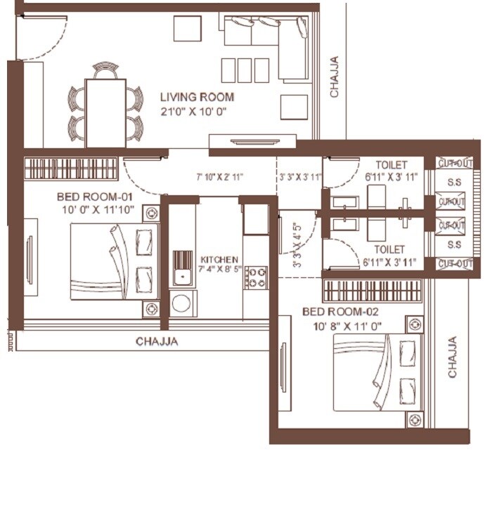 Floor plan of 2 BHK 556 Sq. Ft. Apartment in Suraj Vitalis, Mumbai