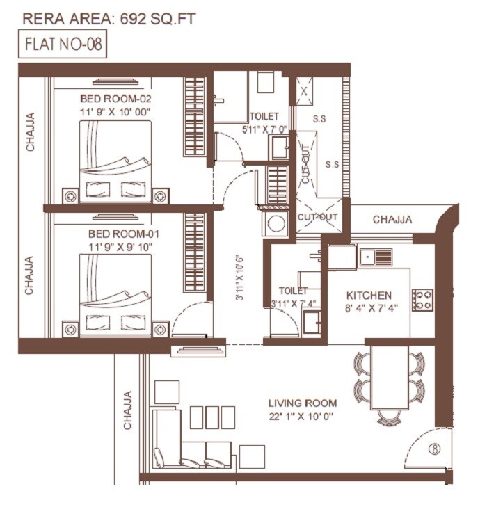 Floor plan of 2 BHK 652 Sq. Ft. Apartment in Suraj Vitalis, Mumbai