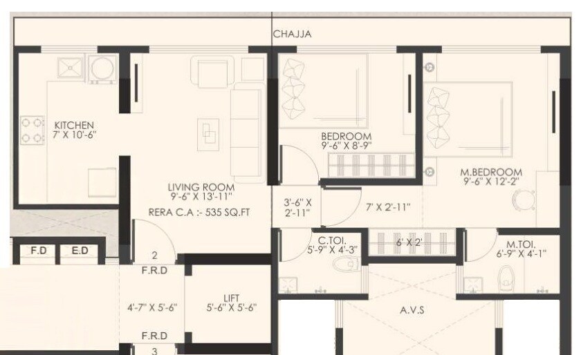 2 BHK 535 Sq. Ft. Apartment