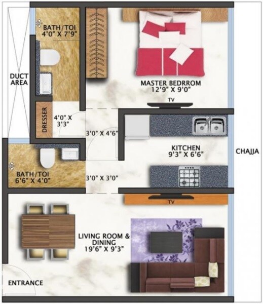 Floor plan of 1 BHK 750 Sq. Ft. Apartment in Surya Gokul Sparsh, Mumbai