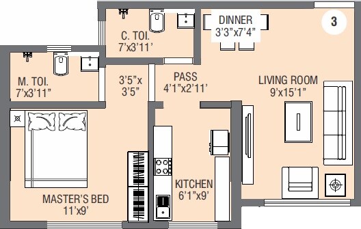 Floor plan of 1 BHK 405 Sq. Ft. Apartment in Suvasya Swastik Onyx, Mumbai