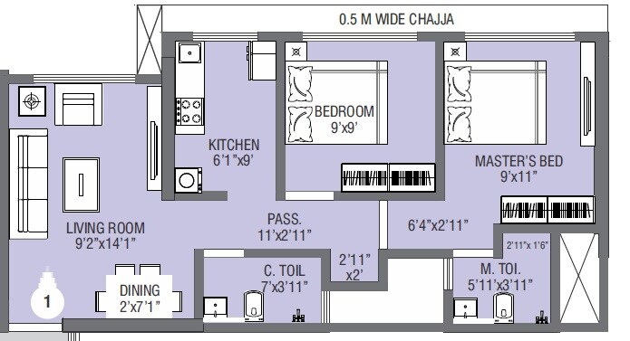 Floor plan of 2 BHK 523 Sq. Ft. Apartment in Suvasya Swastik Onyx, Mumbai