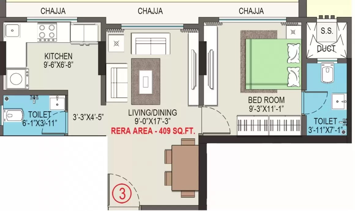 Floor plan of 1 BHK 409 Sq. Ft. Apartment in Suvasya Swastik Pearl, Mumbai