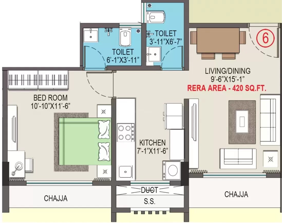 Floor plan of 1 BHK 420 Sq. Ft. Apartment in Suvasya Swastik Pearl, Mumbai
