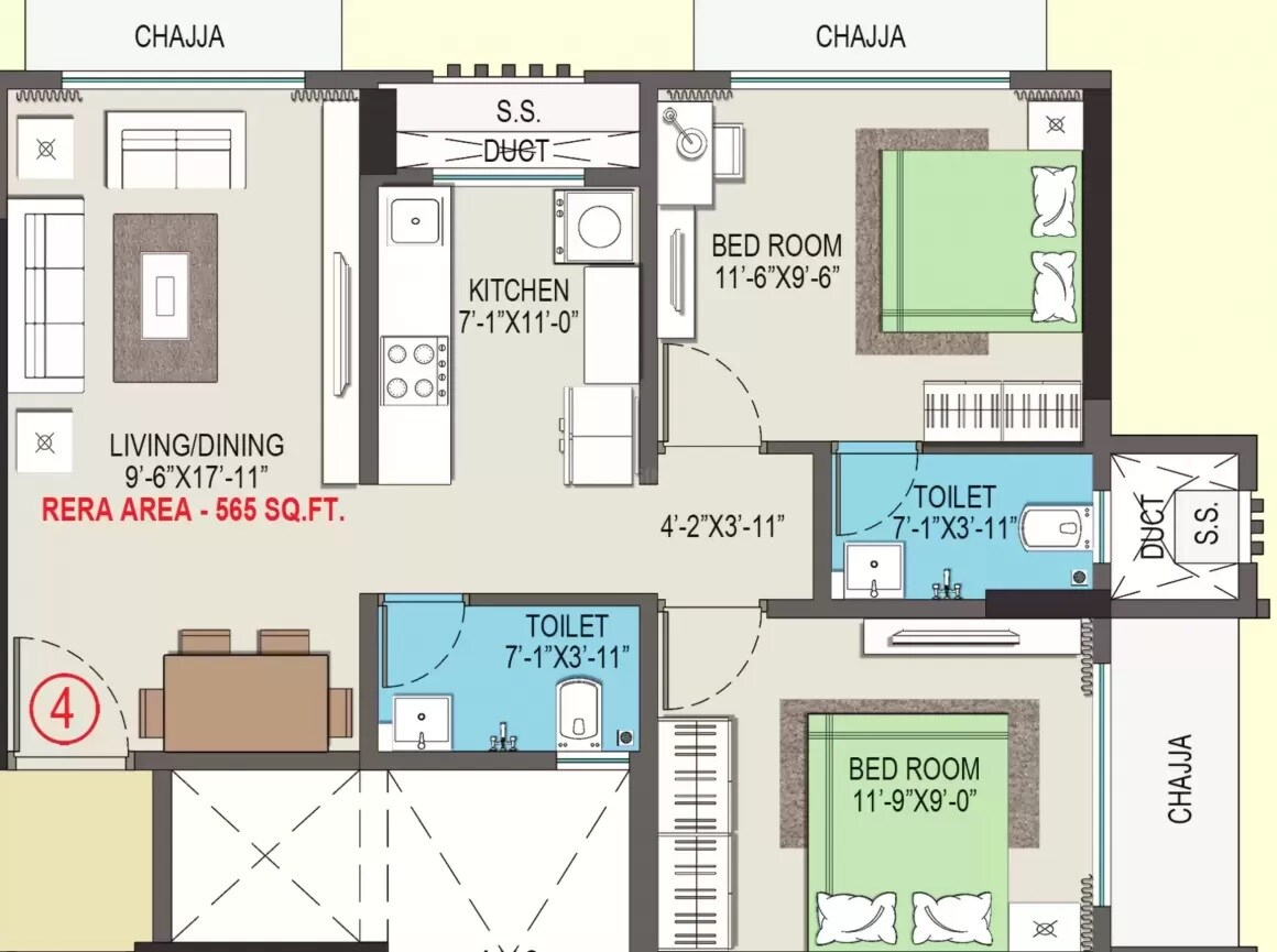 Floor plan of 2 BHK 565 Sq. Ft. Apartment in Suvasya Swastik Pearl, Mumbai