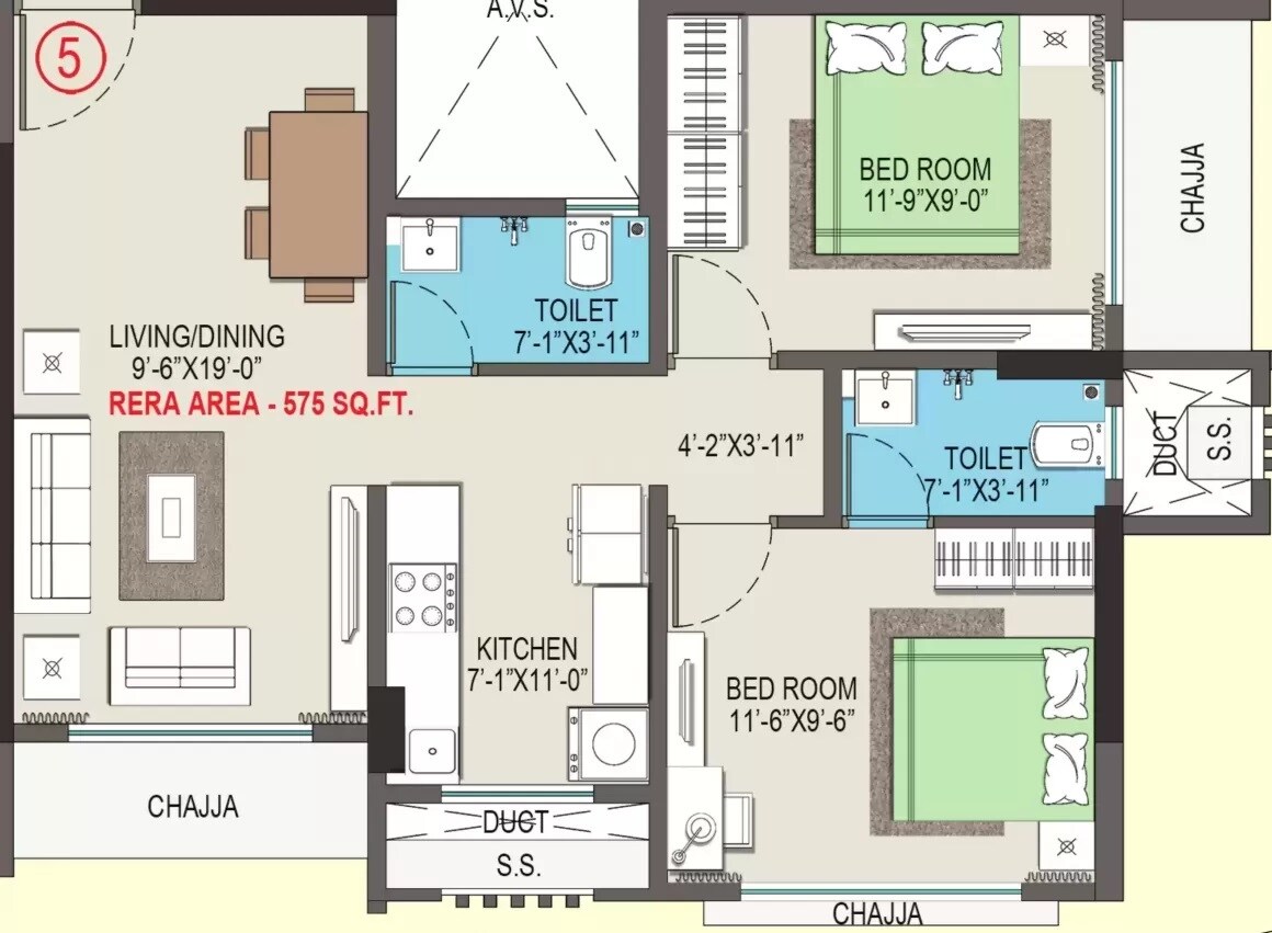 Floor plan of 2 BHK 575 Sq. Ft. Apartment in Suvasya Swastik Pearl, Mumbai