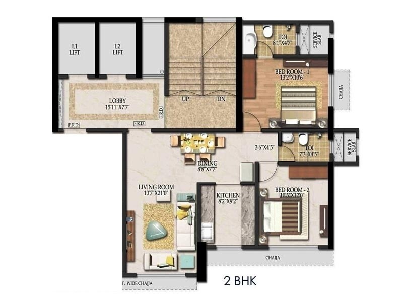 Floor plan of 2 BHK 764 Sq. Ft. Apartment in Suvidha Garnet M19, Mumbai