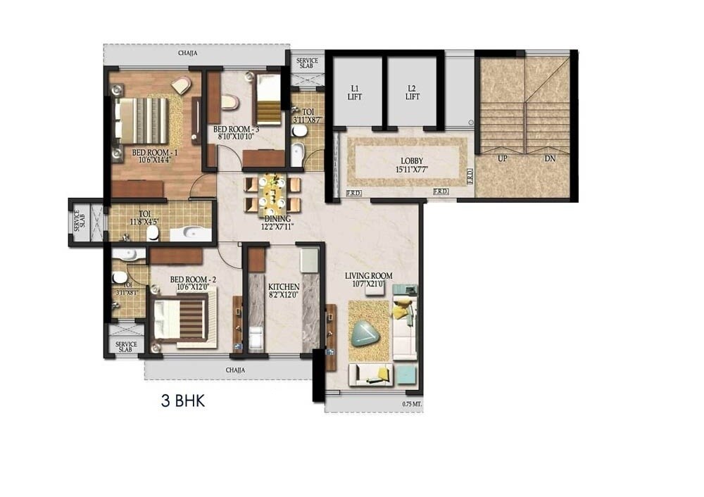 Floor plan of 3 BHK 1360 Sq. Ft. Apartment in Suvidha Garnet M19, Mumbai