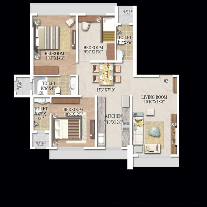 Floor plan of 3 BHK 911 Sq. Ft. Apartment in Suvidha Garnet M19, Mumbai