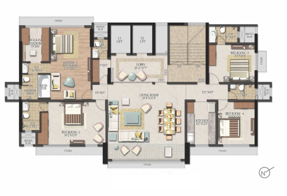 Floor plan of 4 BHK 1734 Sq. Ft. Apartment in Suvidha Garnet M19, Mumbai