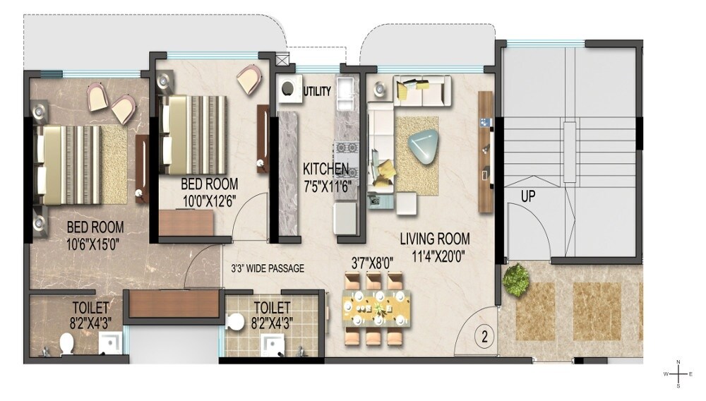 Floor plan of 2 BHK 691 Sq. Ft. Apartment in Suvidha Pearl, Mumbai