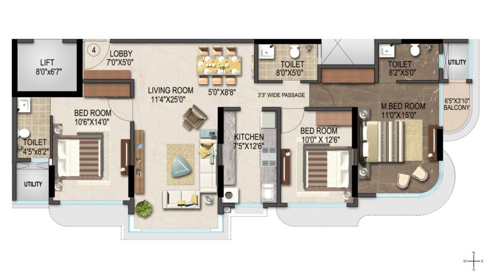 Floor plan of 3 BHK 1131 Sq. Ft. Apartment in Suvidha Pearl, Mumbai