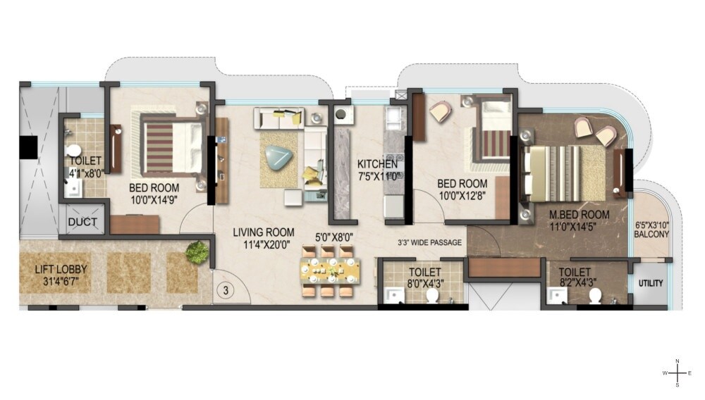 Floor plan of 3 BHK 996 Sq. Ft. Apartment in Suvidha Pearl, Mumbai