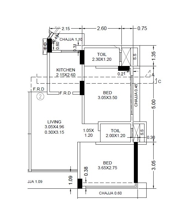 Floor plan of 2 BHK 690 Sq. Ft. Apartment in Svarna Rosemary, Mumbai