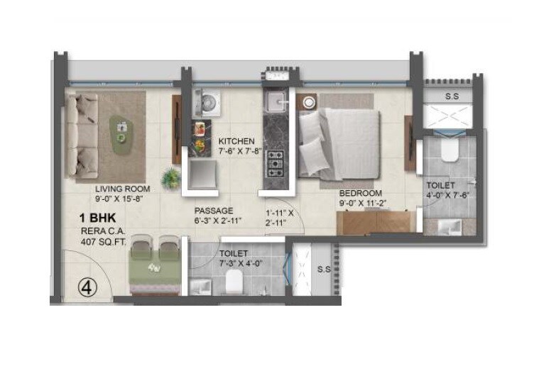 Floor plan of 1 BHK 407 Sq. Ft. Apartment in Swaanand Jaymala Sadan CHS, Mumbai