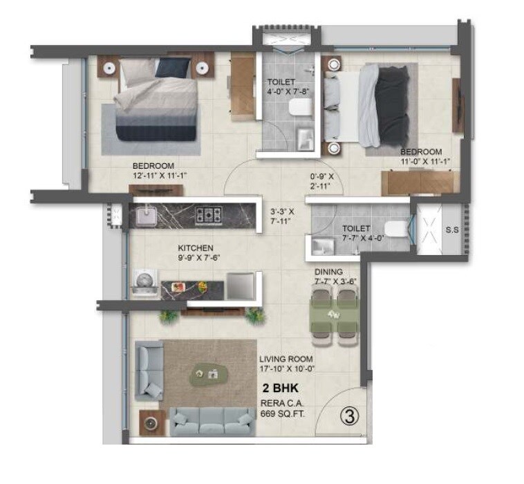 Floor plan of 2 BHK 669 Sq. Ft. Apartment in Swaanand Jaymala Sadan CHS, Mumbai