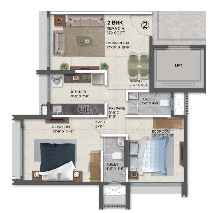 Floor plan of 2 BHK 679 Sq. Ft. Apartment in Swaanand Jaymala Sadan CHS, Mumbai