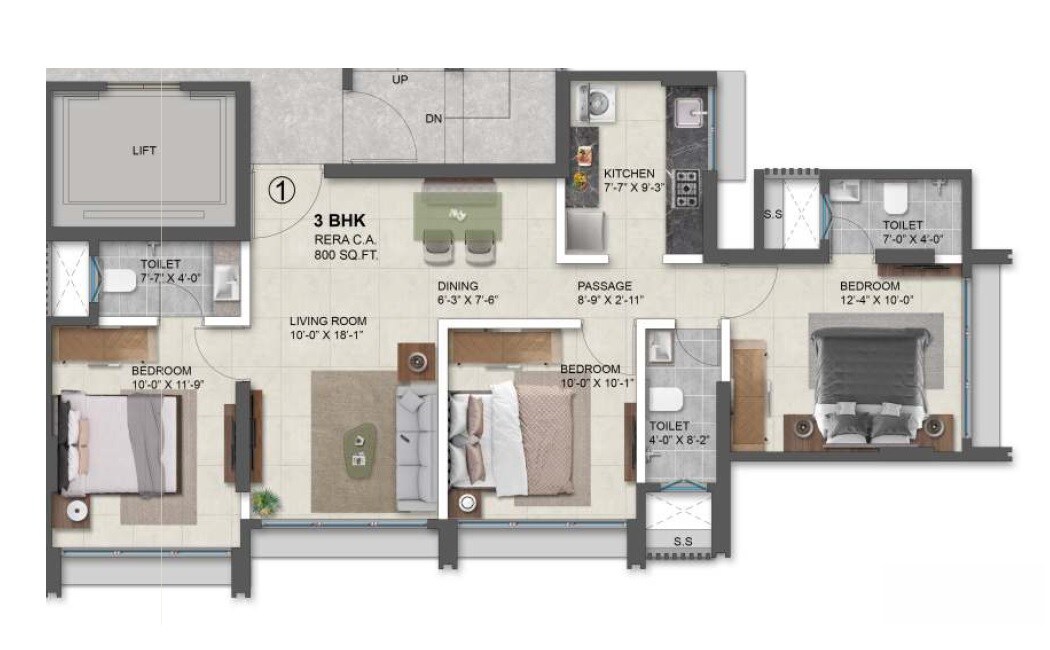 3 BHK 800 Sq. Ft. Apartment