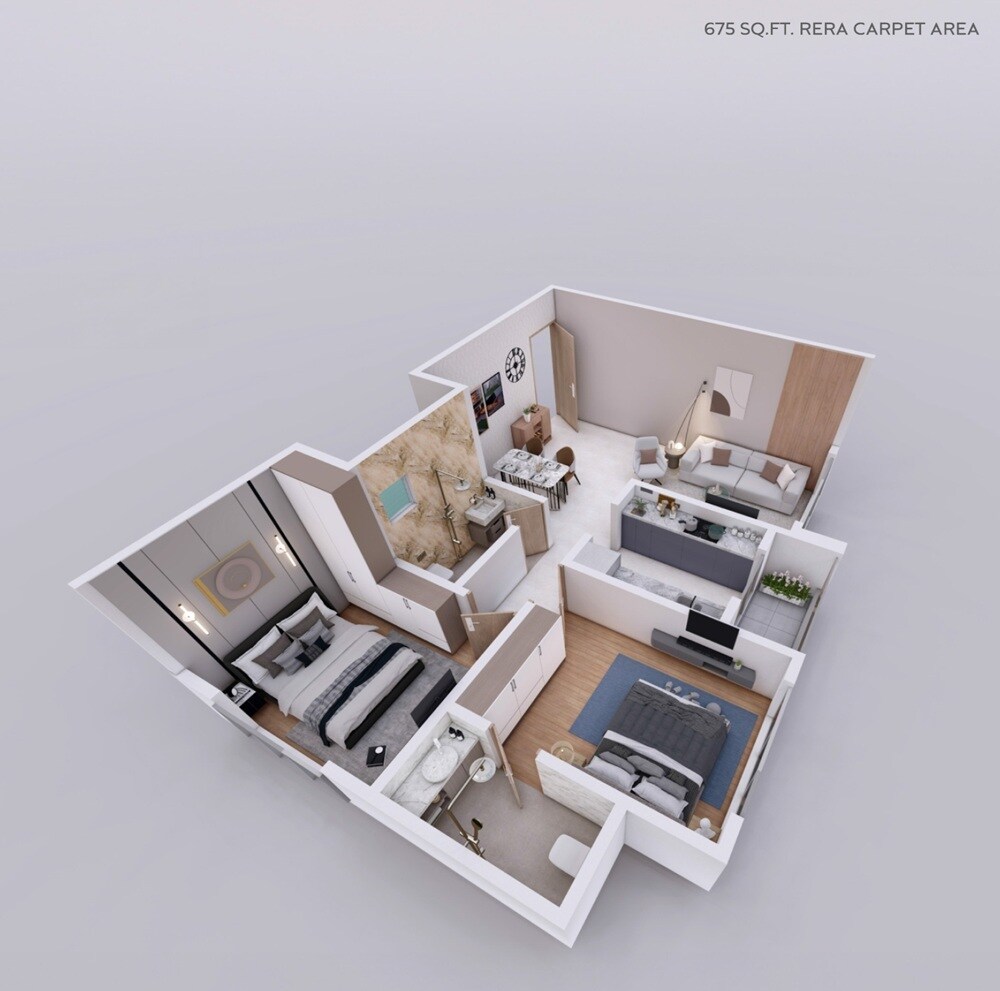 Floor plan of 2 BHK 675 Sq. Ft. Apartment in Swami Rajanigandha CHS, Mumbai