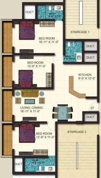 Floor plan of 3 BHK 1650 Sq. Ft. Apartment in Swaroop Atlantis, Mumbai