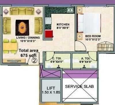Floor plan of 1 BHK 675 Sq. Ft. Apartment in Swaroop Harmony, Mumbai