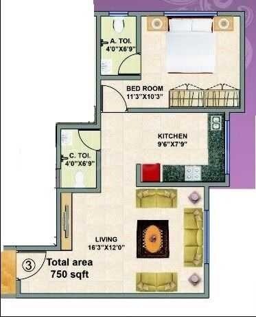 Floor plan of 1 BHK 750 Sq. Ft. Apartment in Swaroop Harmony, Mumbai