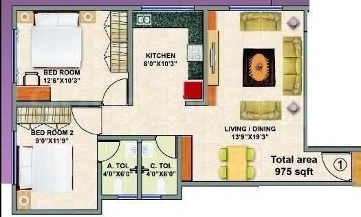 Floor plan of 2 BHK 975 Sq. Ft. Apartment in Swaroop Harmony, Mumbai