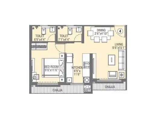 Floor plan of 1 BHK 431 Sq. Ft. Apartment in Swastik Avighna, Mumbai