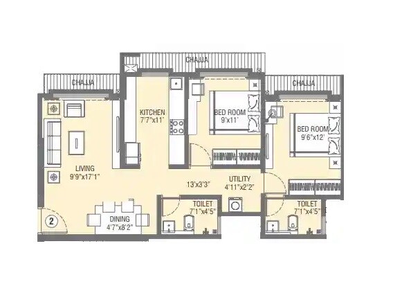 Floor plan of 2 BHK 653 Sq. Ft. Apartment in Swastik Avighna, Mumbai