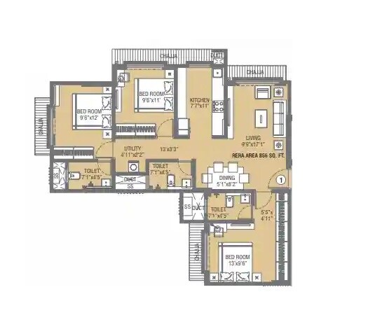 Floor plan of 3 BHK 853 Sq. Ft. Apartment in Swastik Avighna, Mumbai