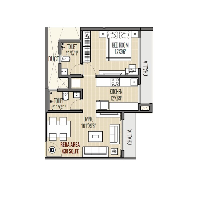Floor plan of 1 BHK 438 Sq. Ft. Apartment in Swastik Divine Mulund, Mumbai