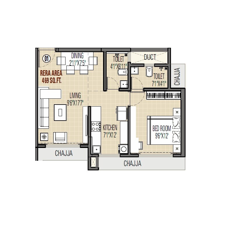 Floor plan of 1 BHK 469 Sq. Ft. Apartment in Swastik Divine Mulund, Mumbai