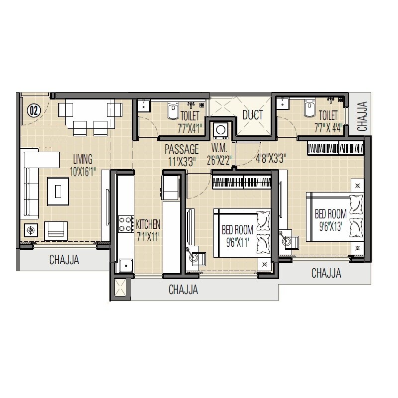 Floor plan of 2 BHK 585 Sq. Ft. Apartment in Swastik Divine Mulund, Mumbai