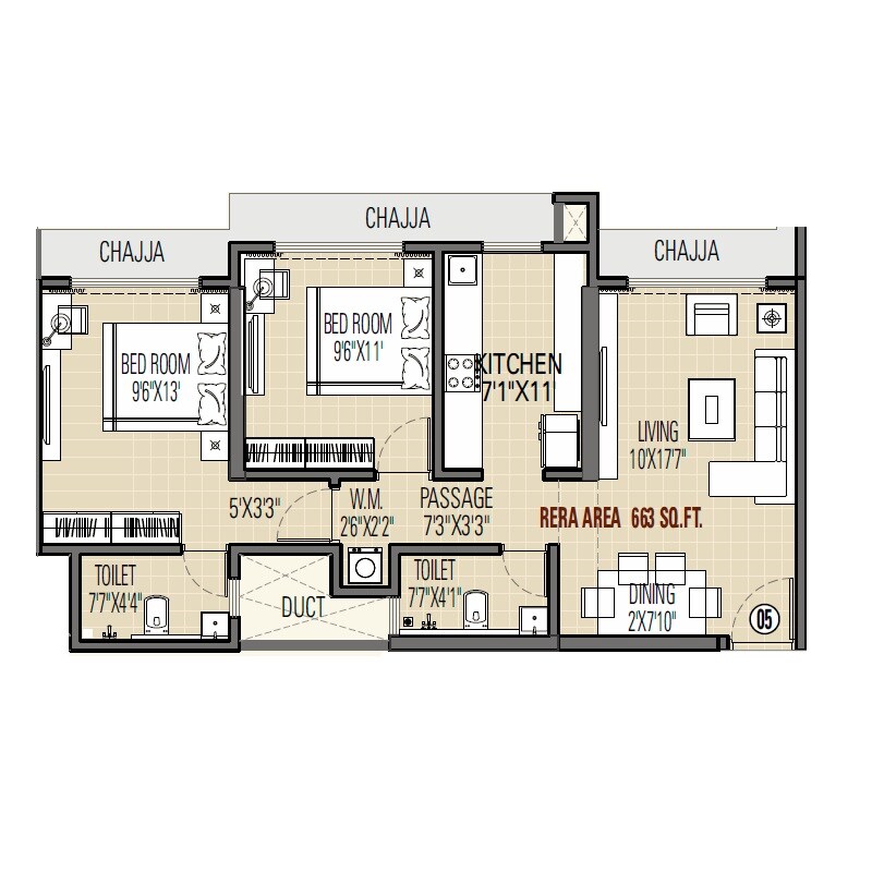 Floor plan of 2 BHK 663 Sq. Ft. Apartment in Swastik Divine Mulund, Mumbai