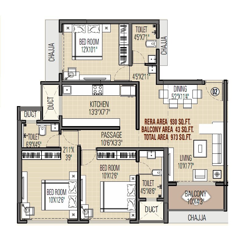 Floor plan of 3 BHK 973 Sq. Ft. Apartment in Swastik Divine Mulund, Mumbai