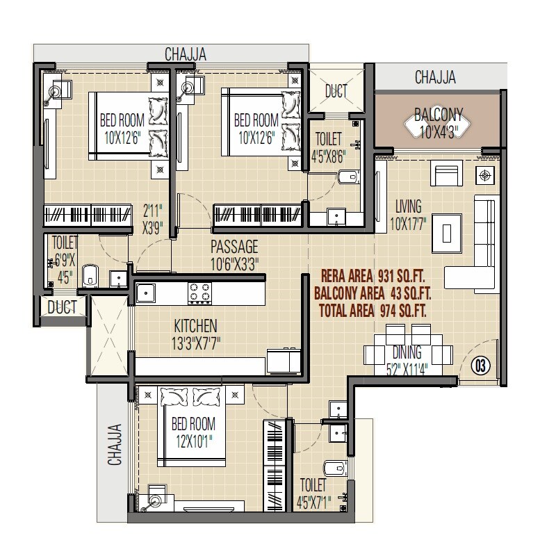 Floor plan of 3 BHK 979 Sq. Ft. Apartment in Swastik Divine Mulund, Mumbai
