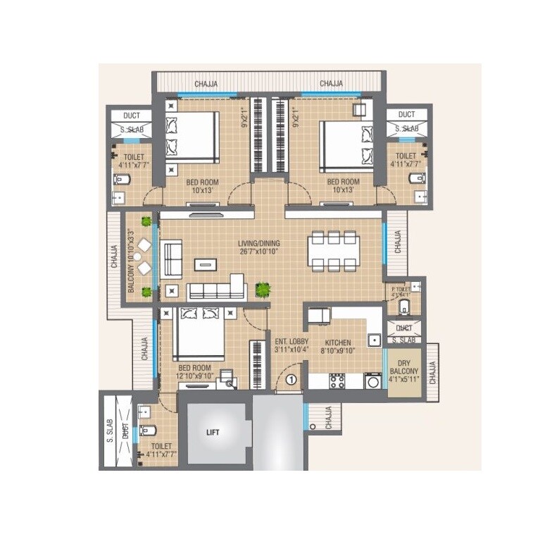 Floor plan of 3 BHK 1065 Sq. Ft. Apartment in Swastik Elegance, Mumbai