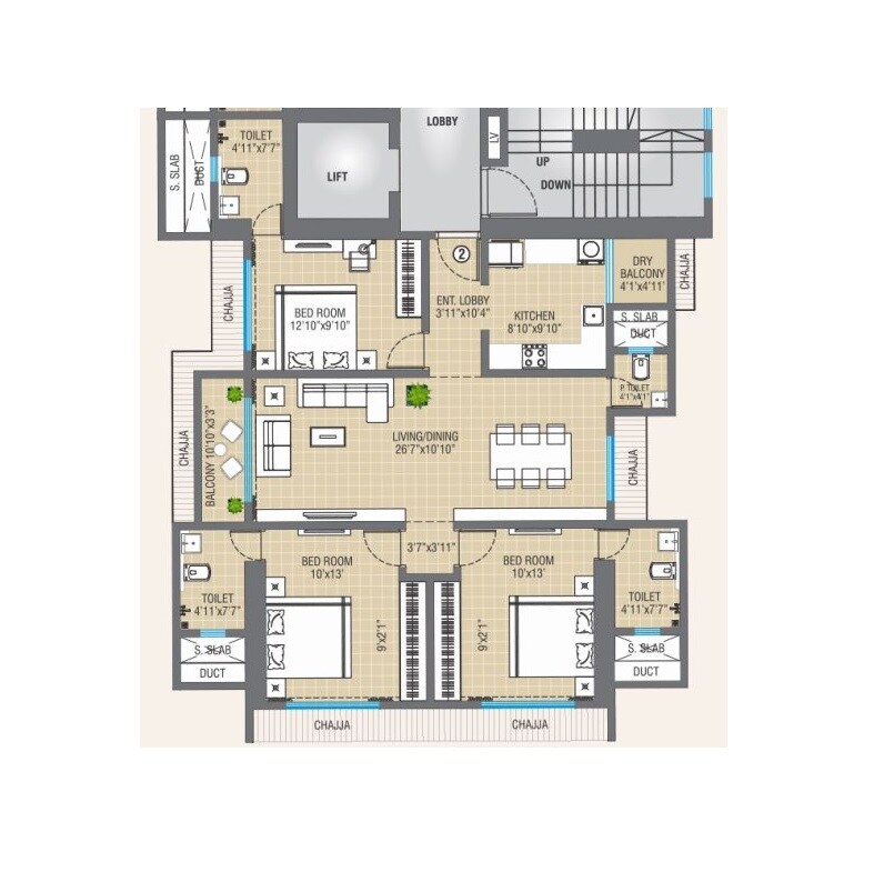 Floor plan of 3 BHK 1184 Sq. Ft. Apartment in Swastik Elegance, Mumbai
