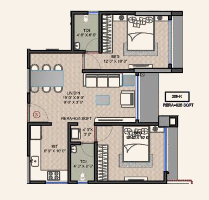 Floor plan of 2 BHK 625 Sq. Ft. Apartment in Swastik Legacy, Mumbai