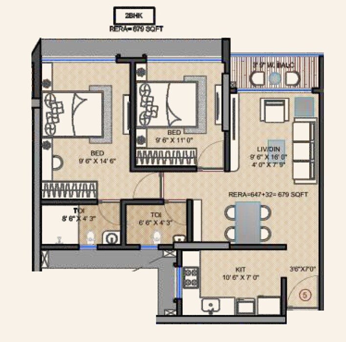 Floor plan of 2 BHK 679 Sq. Ft. Apartment in Swastik Legacy, Mumbai